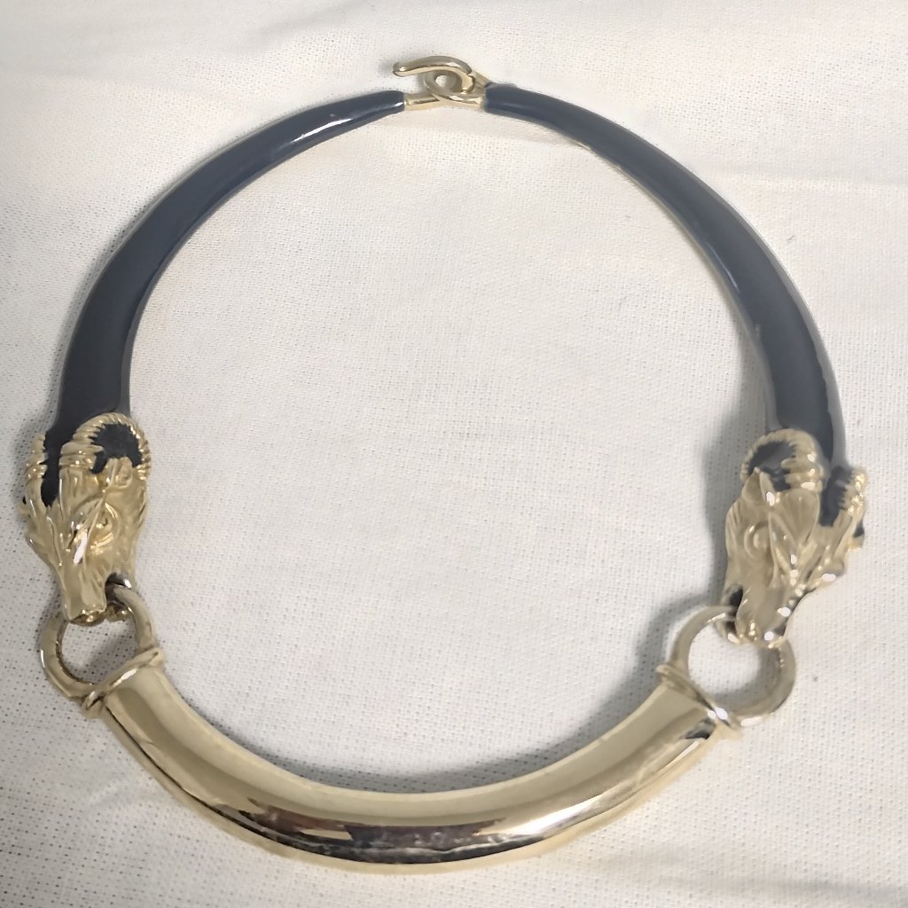 Vintage Donald Stannard Ram Head 2 Tone Black Enamel Gold Choker Necklace